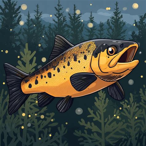 Cartoon Illustration Of A Salmon In A Forest River Premium Ai