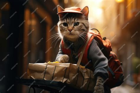 Premium Ai Image Cute Cat In Courier Suit Delivers