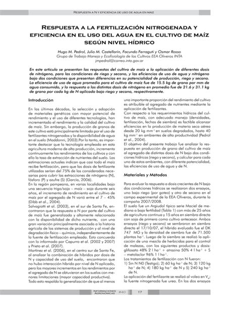 Respuesta A La Fertilización Nitrogenada Y Eficiencia En El Uso Del