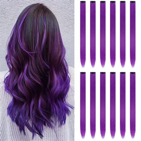 12pcs Colored Purple Hair Extensions Clip In Colorful Hair Extensions 22 Inch Rainbow Hair