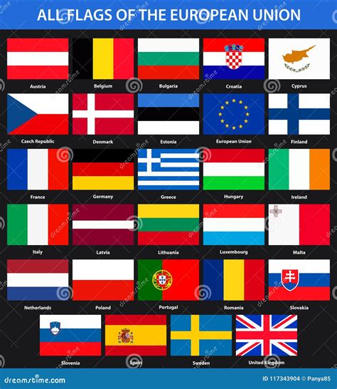 Todas Las Banderas De Los Países De La Unión Europea Estilo Plano Ilustración Del Vector