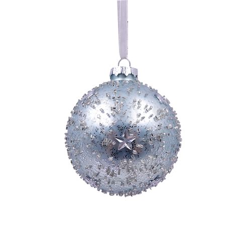 Duck Egg And Silver Star Glass Christmas Tree Bauble 90mm Homebase