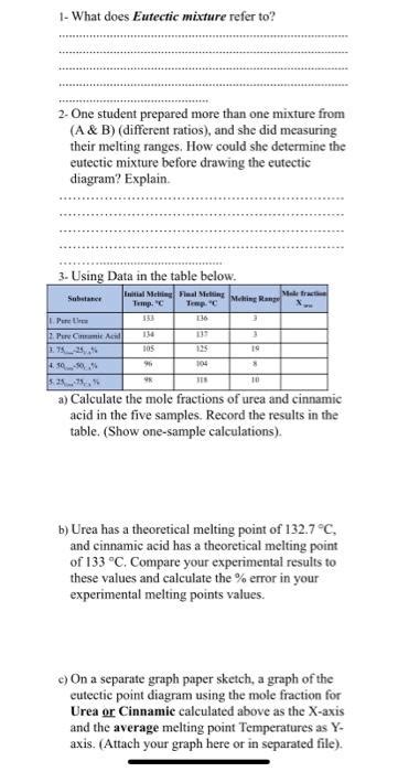 Solved 1- What does Eutectic mixture refer to? 2- One | Chegg.com