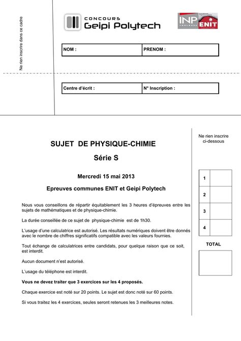 SUJET DE PHYSIQUE CHIMIE SÃrie S Concours Geipi Polytech