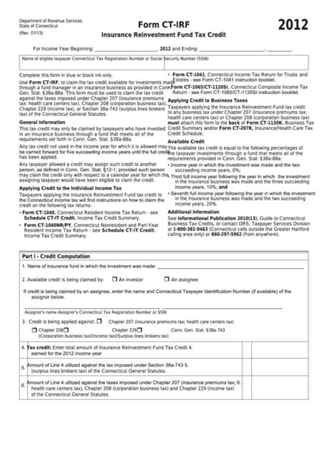 Form Ct Irf Insurance Reinvestment Fund Tax Credit 2012 Printable Pdf Download