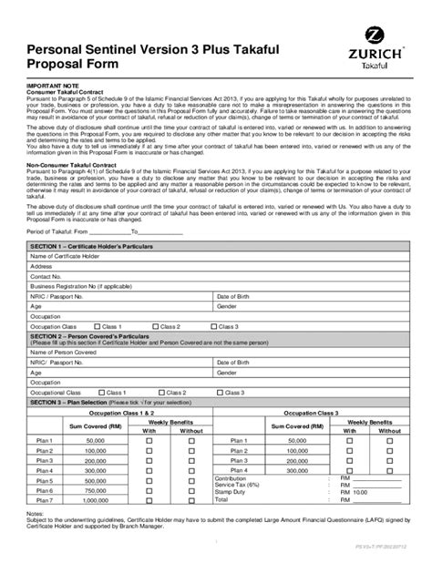 Fillable Online Personal Sentinel Version Plus Takaful Proposal Form