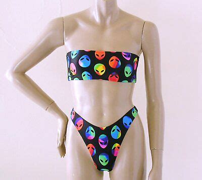 80s 90s High Leg Thong Bikini Bottom And Bandeau Top In Neon Aliens