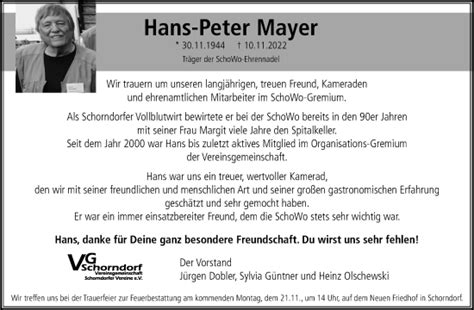 Traueranzeigen Von Hans Peter Mayer ZVW Trauer