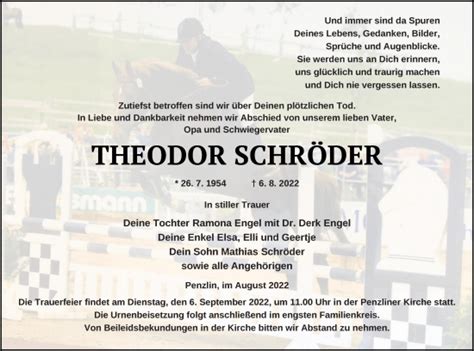 Traueranzeigen Von Theodor Schr Der Trauer Nordkurier