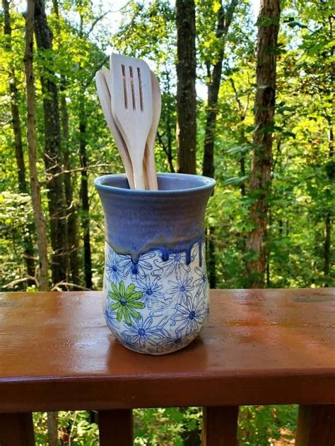 Handmade Daisy Blue Purple Kitchen Utensil Crock Stoneware Etsy Purple Kitchen Utensils