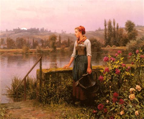 Oil Painting Replica A Woman With A Watering Can By The River By Daniel