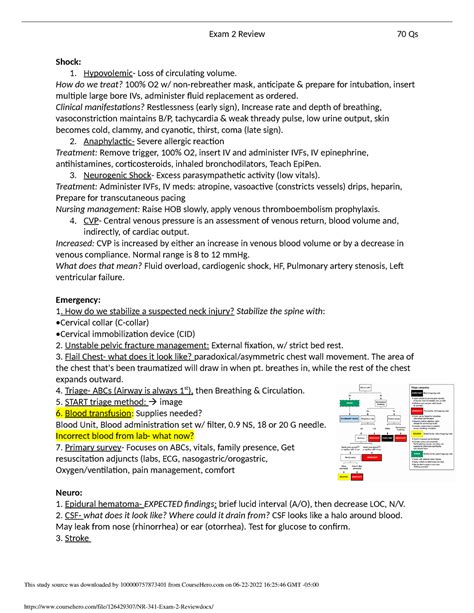 Nr Exam Review Shock Hypovolemic Loss Of Circulating