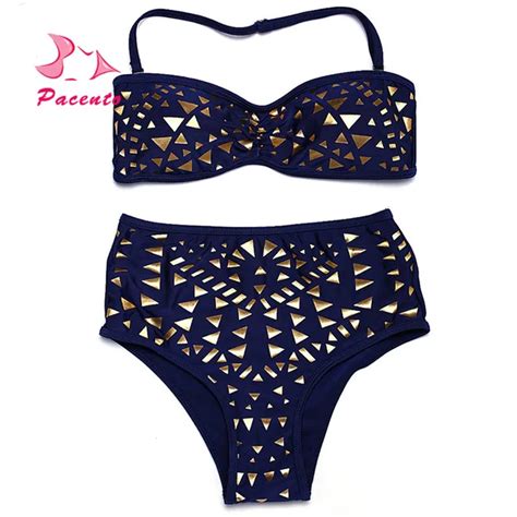 PACENT Gold Shiny High Waist Bikini Brazilian Plus Size Women Swimwear