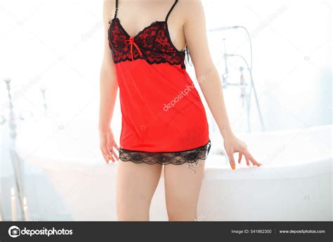 Bathroom Beautiful Woman Red Lingerie Stock Photo Racool Studio 541862300