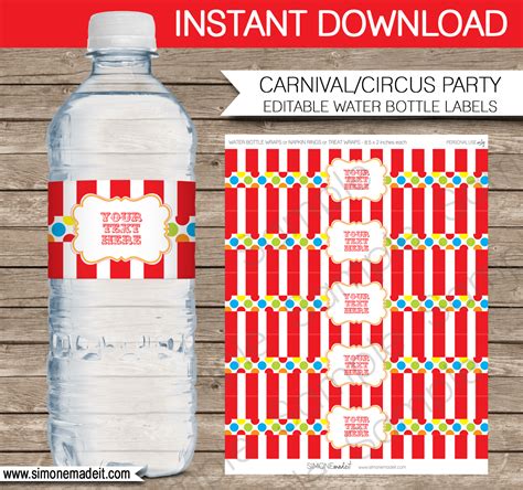 Carnival Party Water Bottle Labels Template | Birthday Party Decorations