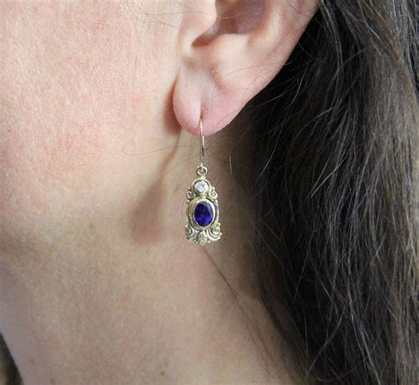 14k Yellow Gold Chatham Sapphire And Moissanite Earrings Etsy