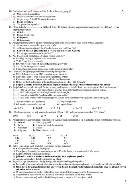 Biyokimyada Metabolik Yollar Final Sorular A Grubu Sayfa