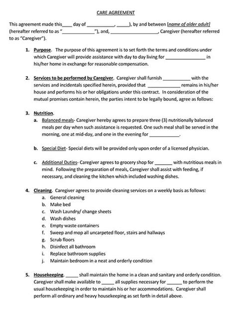 Printable Caregiver Agreement Caregiver Contract Template Printable