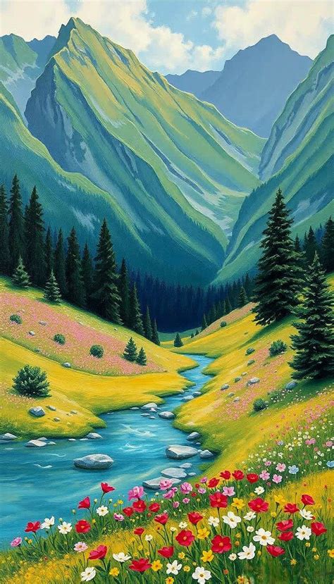 Mountain Valley painting | Mountain valley drawing, Colorful outdoor ...