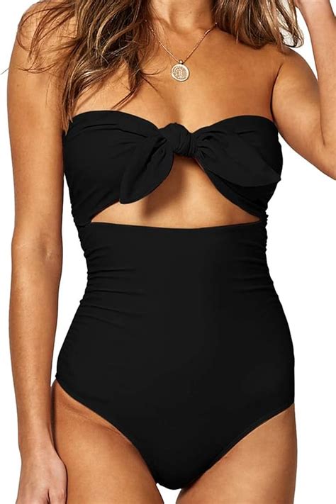 QINSEN Woman S One Piece Swimwear Sexy Tie Knot Front Cutout High Waist Bikini Swimsuit Black S