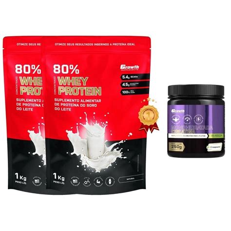 2x Whey Growth Concentrado 80 1kg Creatina Creapure 250g Morango Netshoes