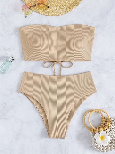 Conjunto De Bikini De Punto Acanalado Top De Sujetador De Bandeau Con