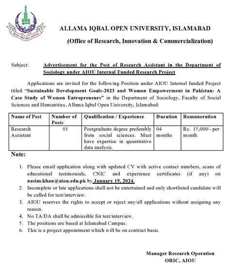 Research Assistant Jobs In Allama Iqbal Open University Aiou Job