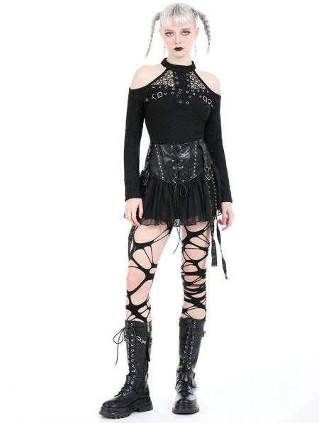 Dark In Love Black Gothic Punk Rebel Pu Mesh Splicing Mini Skirt