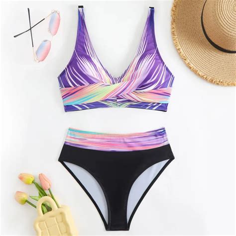 Colorful High Waisted Tropical Print Bikini Swimwear On Luulla