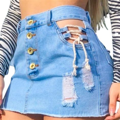 Saia Jeans Curta Vazada No Bolso Cintura Alta Hot Pants Destroyeds Shopee Brasil