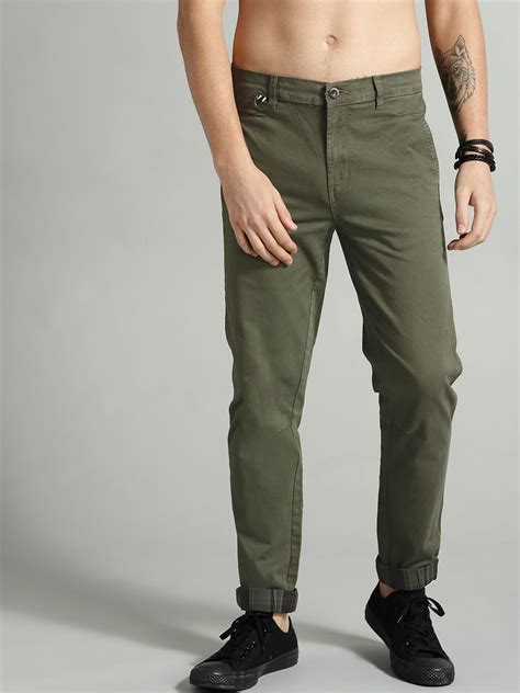 Buy The Roadster Lifestyle Co Men Olive Green Slim Fit Solid Trousers