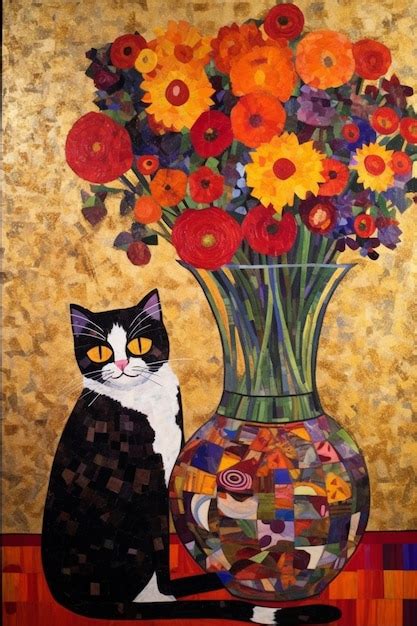 Una pintura de un gato y un jarrón de flores están sobre un fondo