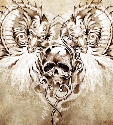 Sketch Of Tattoo Art, Skull And Dragons Stock Illustration - Image: 38885967