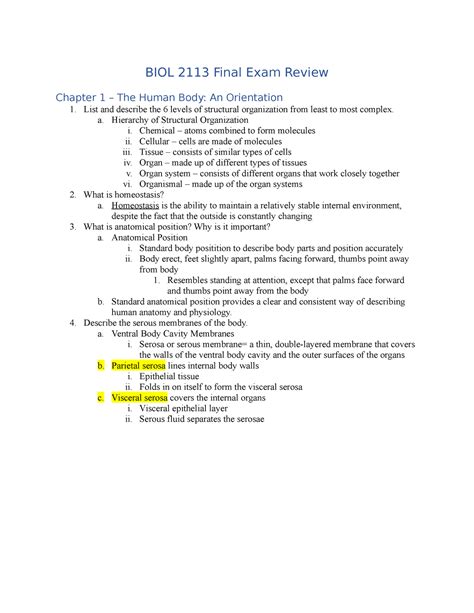 Final EXAM Review BIOL 2113 Final Exam Review Chapter 1 The Human