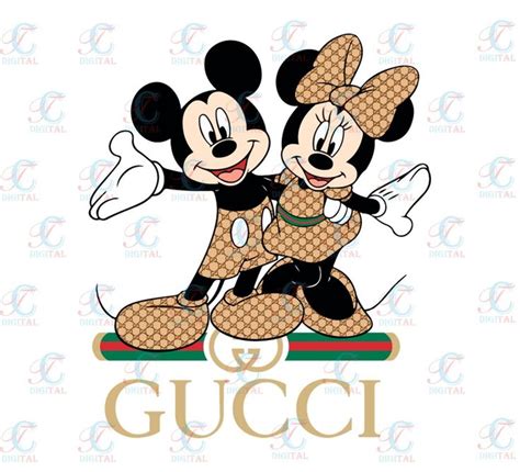 Two Mickey And Minnie Mouses Hugging Each Other With The Word Gucci On It