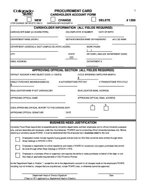 Fillable Online Wsnet Colostate PROCUREMENT CARD CARDHOLDER ACCOUNT