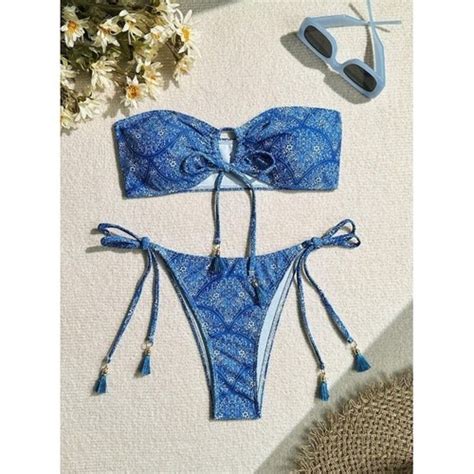 NEW Bandeau String Bikini Blue Paisley Strapless Tie Side Tassel Cheeky