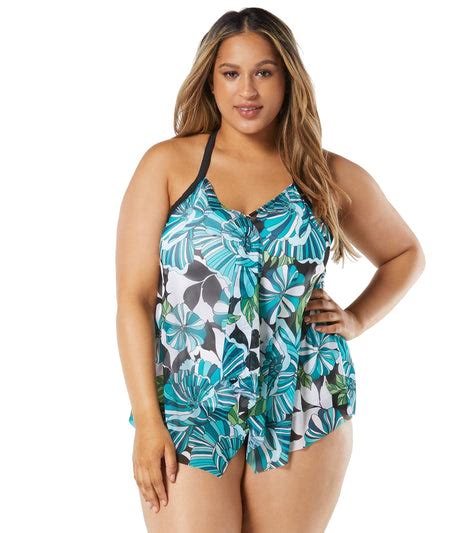 Beach House Womens Plus Size Deco Garden Kerry Mesh Layer Tankini At