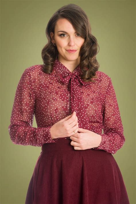 Banned Retro 50s Rose Pussy Bow Blouse In Burgundy Shop At Topvintage