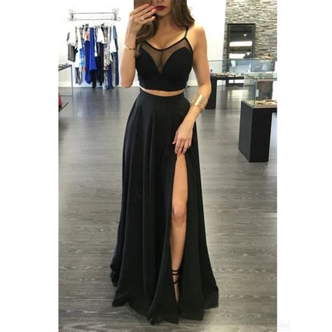 Elegant Sexy Two Pieces Black Split Long Evening Dresses Spaghetti