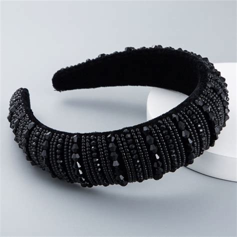 Black Crystal Decorated Padded Headband Wide Hairband Thick Headband