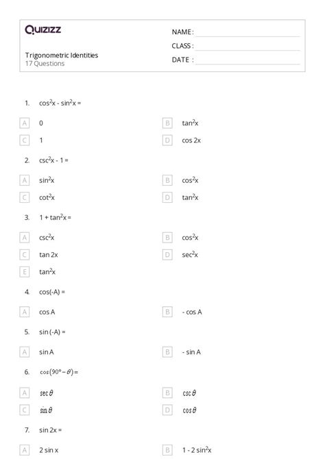 50 Trigonometric Identities Worksheets For 10th Class On Quizizz