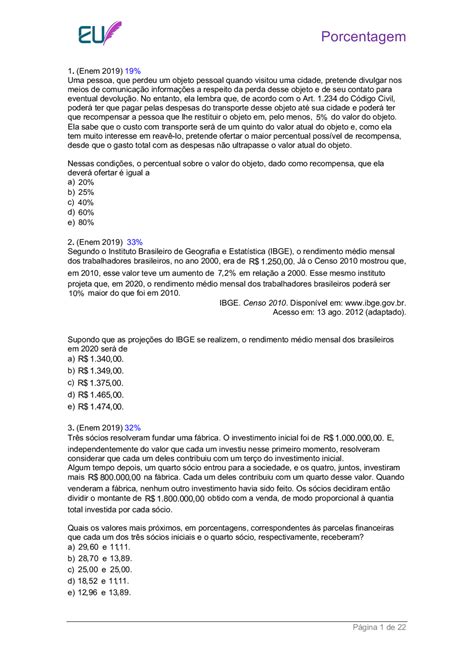 Questões Do Enem Sobre Porcentagem - Exercicio De Porcentagem Enem - FDPLEARN