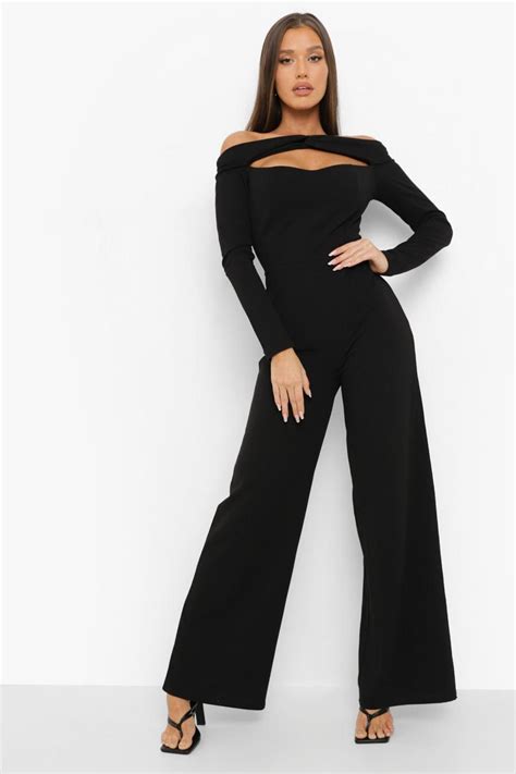 Womens Twist Bardot Corset Detail Wide Leg Jumpsuit Boohoo Uk