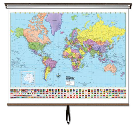 World Advanced Political Classroom Wall Map on Roller w/ Backboard 63 x 54