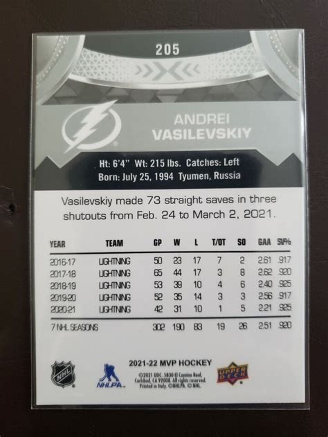 2021 22 Andrei Vasilevskiy Silver Scripts Upper Deck MVP Hockey EBay