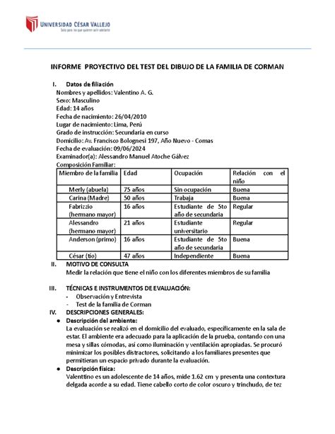 Formato De Informe Del Test De La Familia INFORME PROYECTIVO DEL TEST