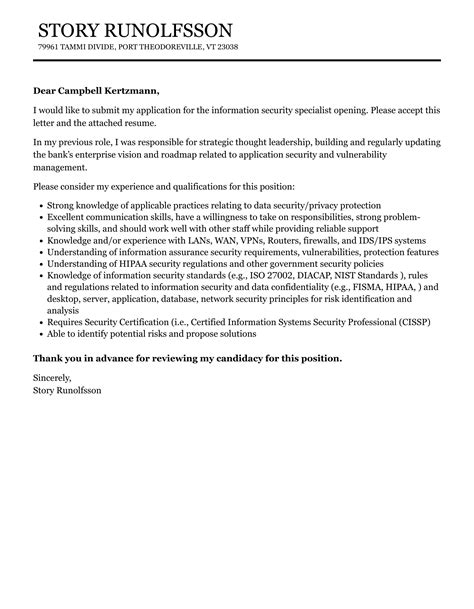 Information Security Specialist Cover Letter Velvet Jobs