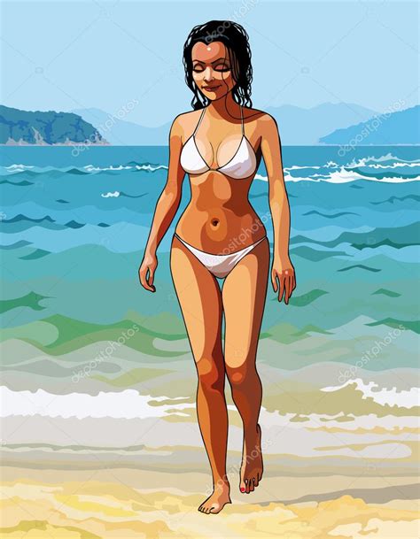 Cartoon Of A Beautiful Girl In A White Bikini Walking On The Beach