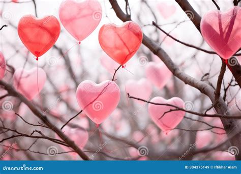 Colorful Heart Shaped Balloons Hang From The Branches Of A Tree In A